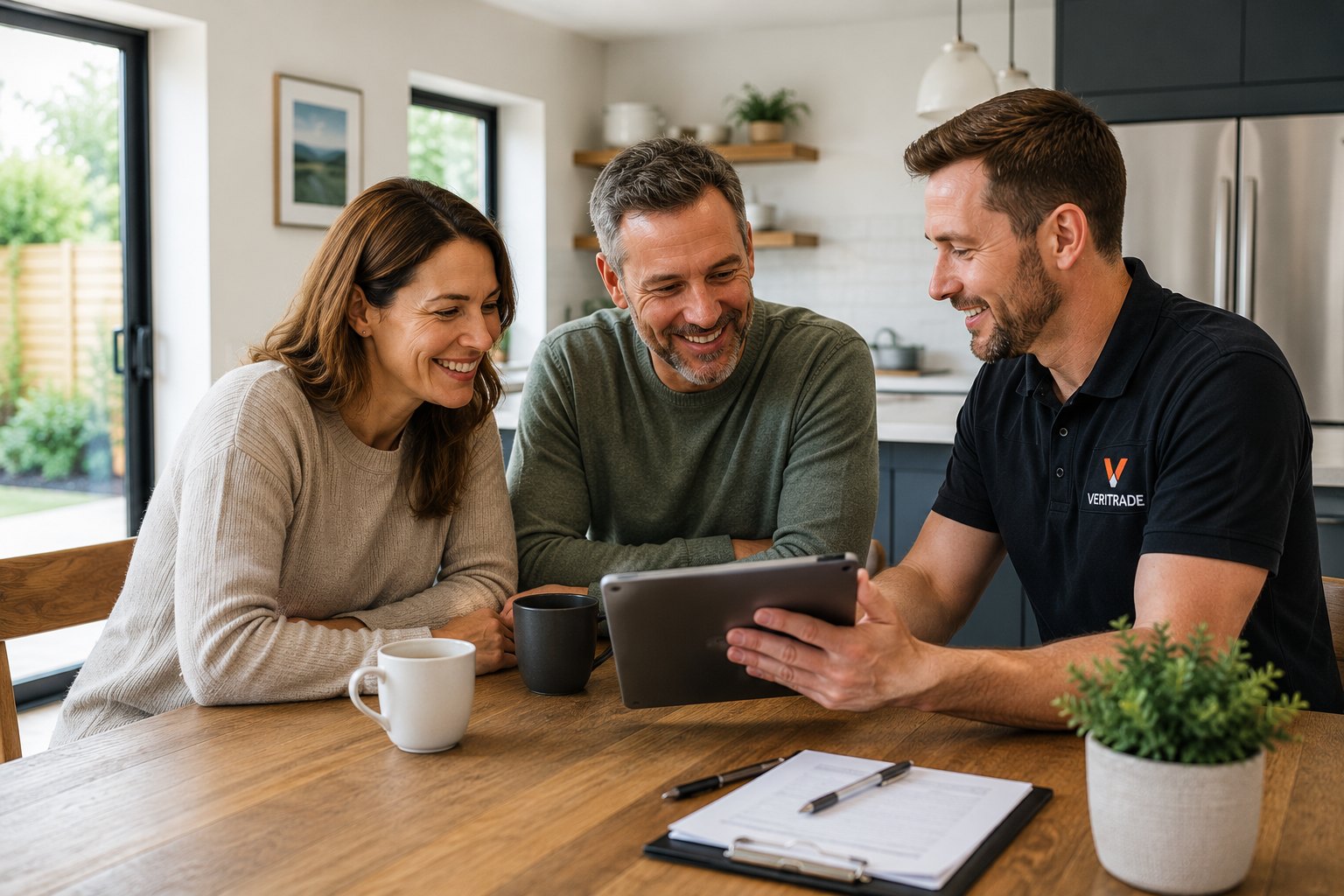 Homeowners reviewing planned work with a tradesperson inside their home.