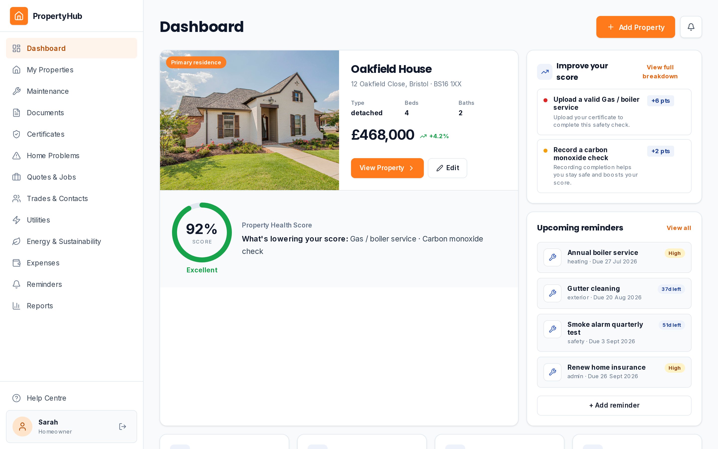 Example PropertyHub dashboard showing property health, reminders and documents.