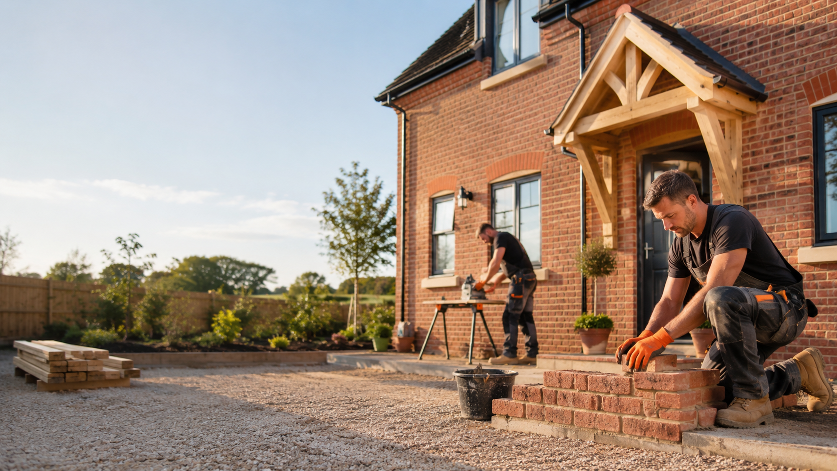 UK tradespeople working on a period brick house — bricklayer laying front-porch steps while a second tradesperson works on the property in the background.